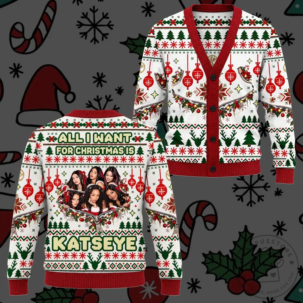 KATSEYE All I Want For Christmas Is You Festive Baubles Ugly Christmas Cardigan KATSEYE All I Want For Christmas Is You Festive Baubles Ugly Christmas Cardigan