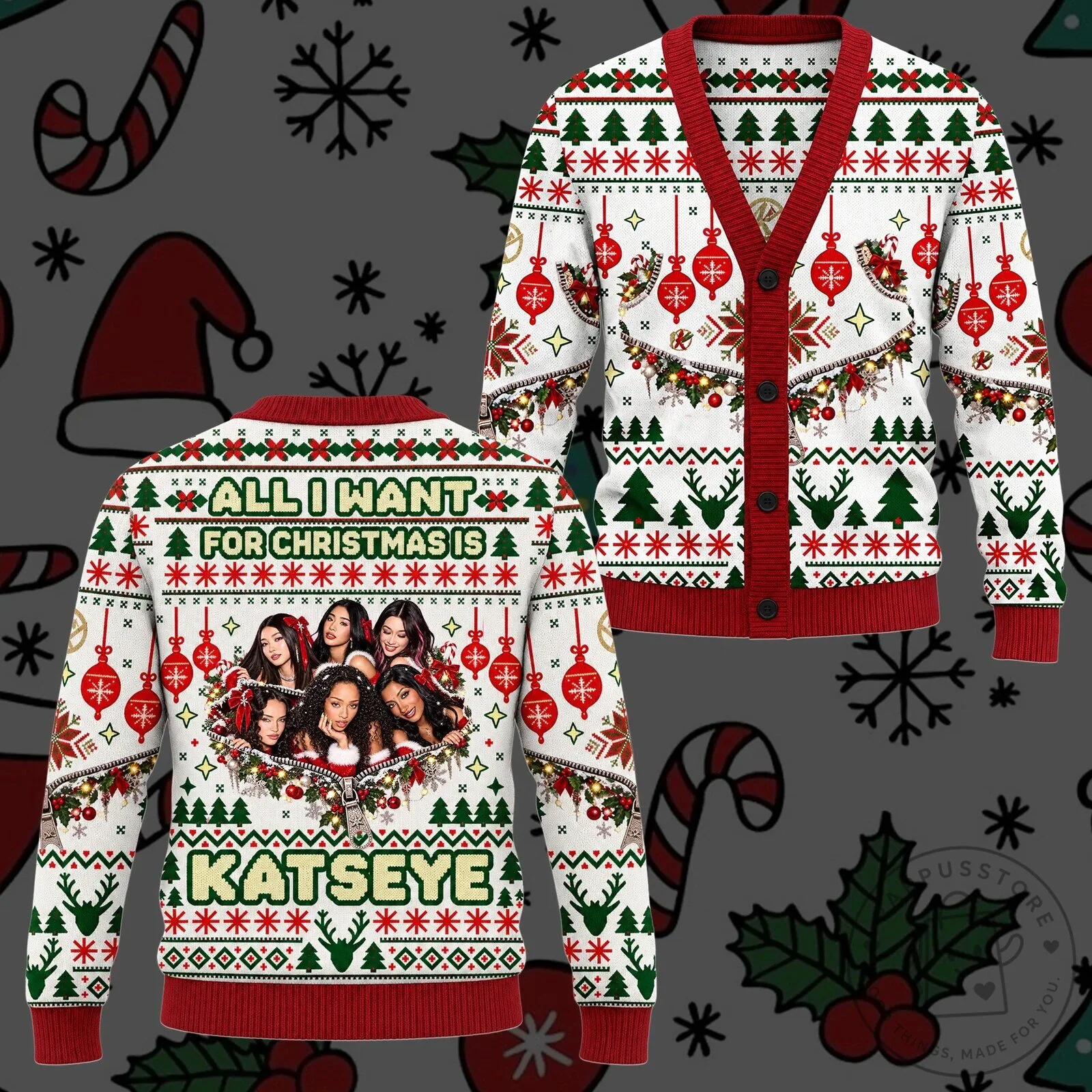 KATSEYE All I Want For Christmas Is You Festive Baubles Ugly Christmas Cardigan 2 KATSEYE All I Want For Christmas Is You Festive Baubles Ugly Christmas Cardigan