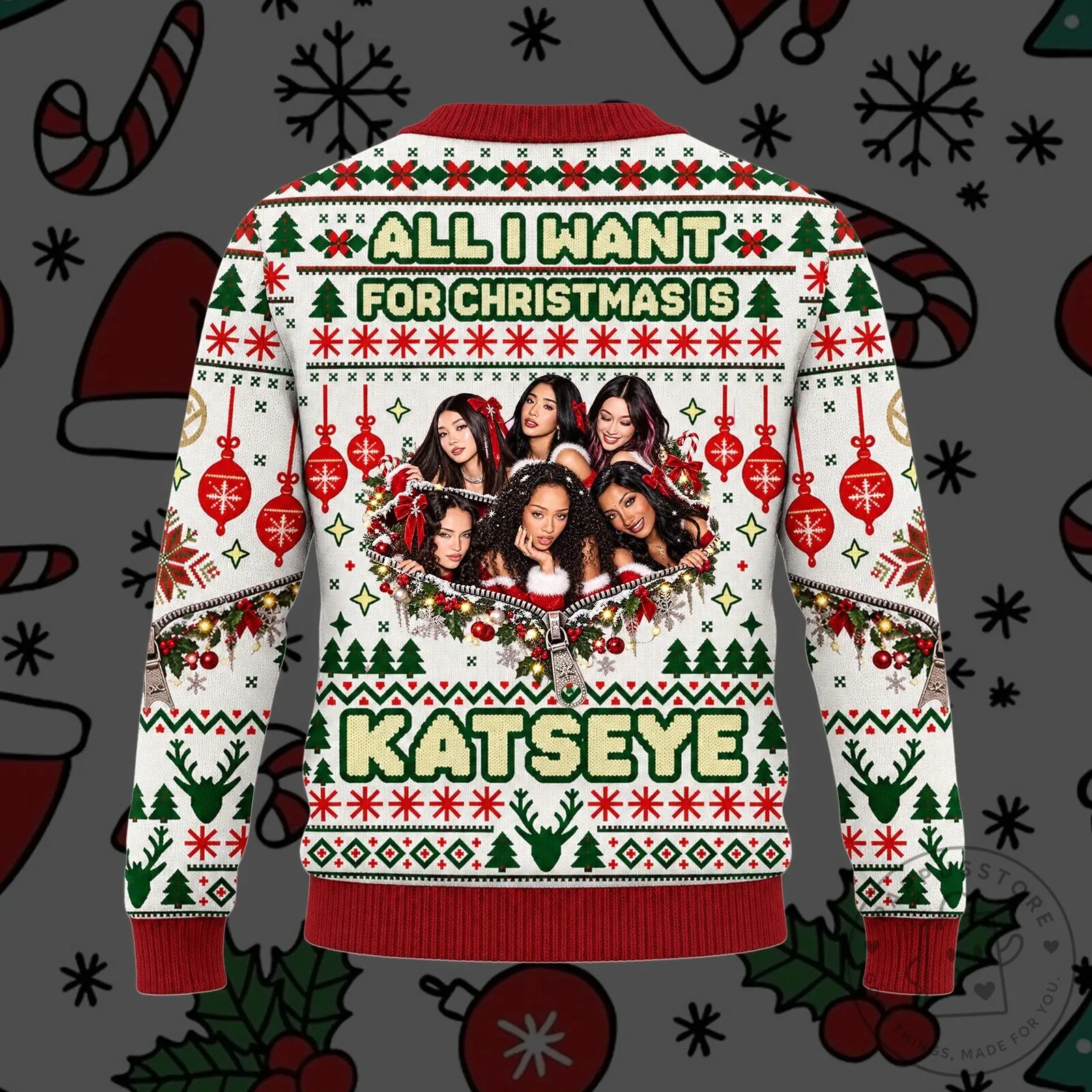 KATSEYE All I Want For Christmas Is You Festive Baubles Ugly Christmas Cardigan 8 KATSEYE All I Want For Christmas Is You Festive Baubles Ugly Christmas Cardigan