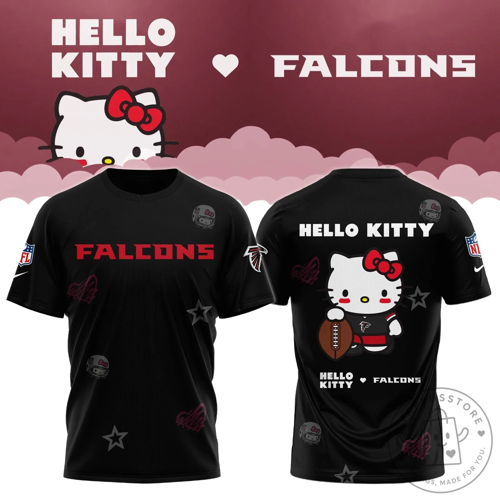 Atlanta Falcons Hello Kitty Football Team Black Graphic T-Shirt