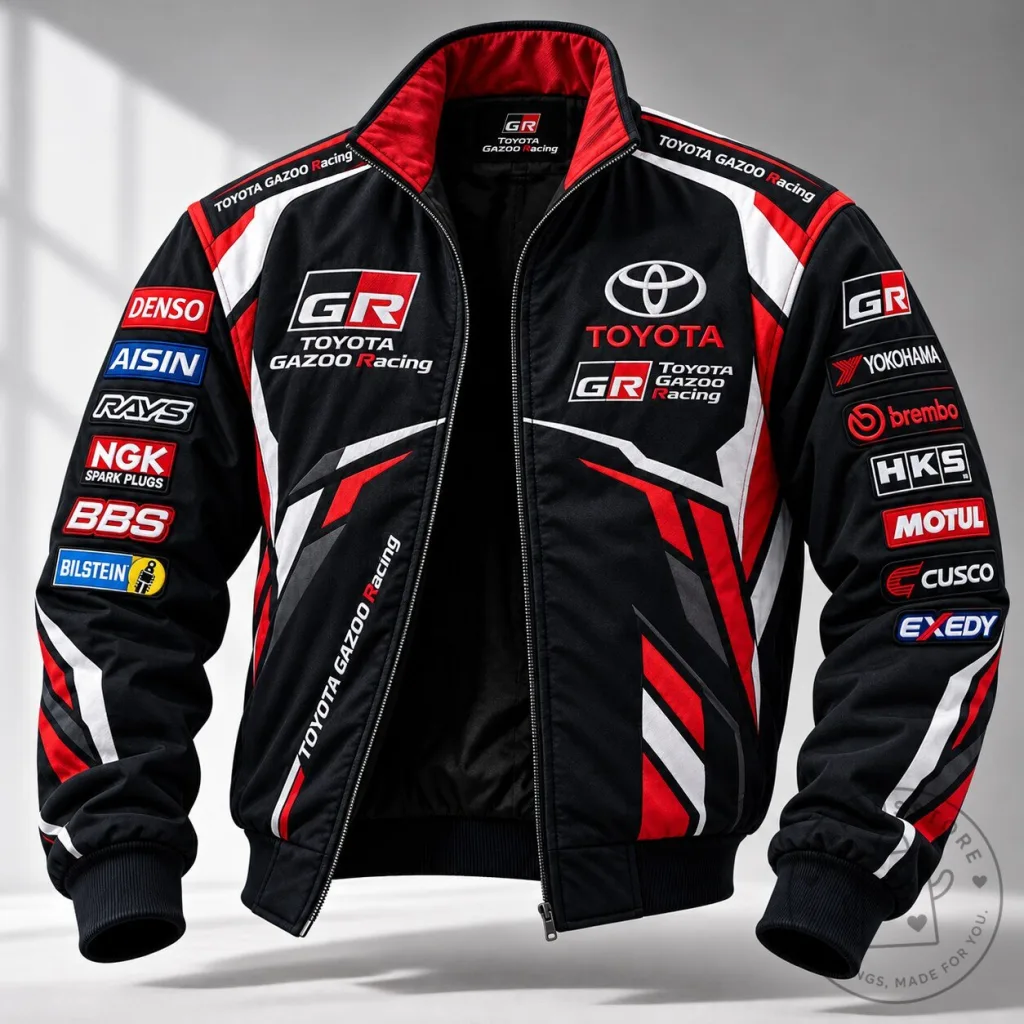 Toyota Gazoo Racing Black and Red Bomber Jacket with Sponsor Logos Toyota Gazoo Racing Black and Red Bomber Jacket with Sponsor Logos
