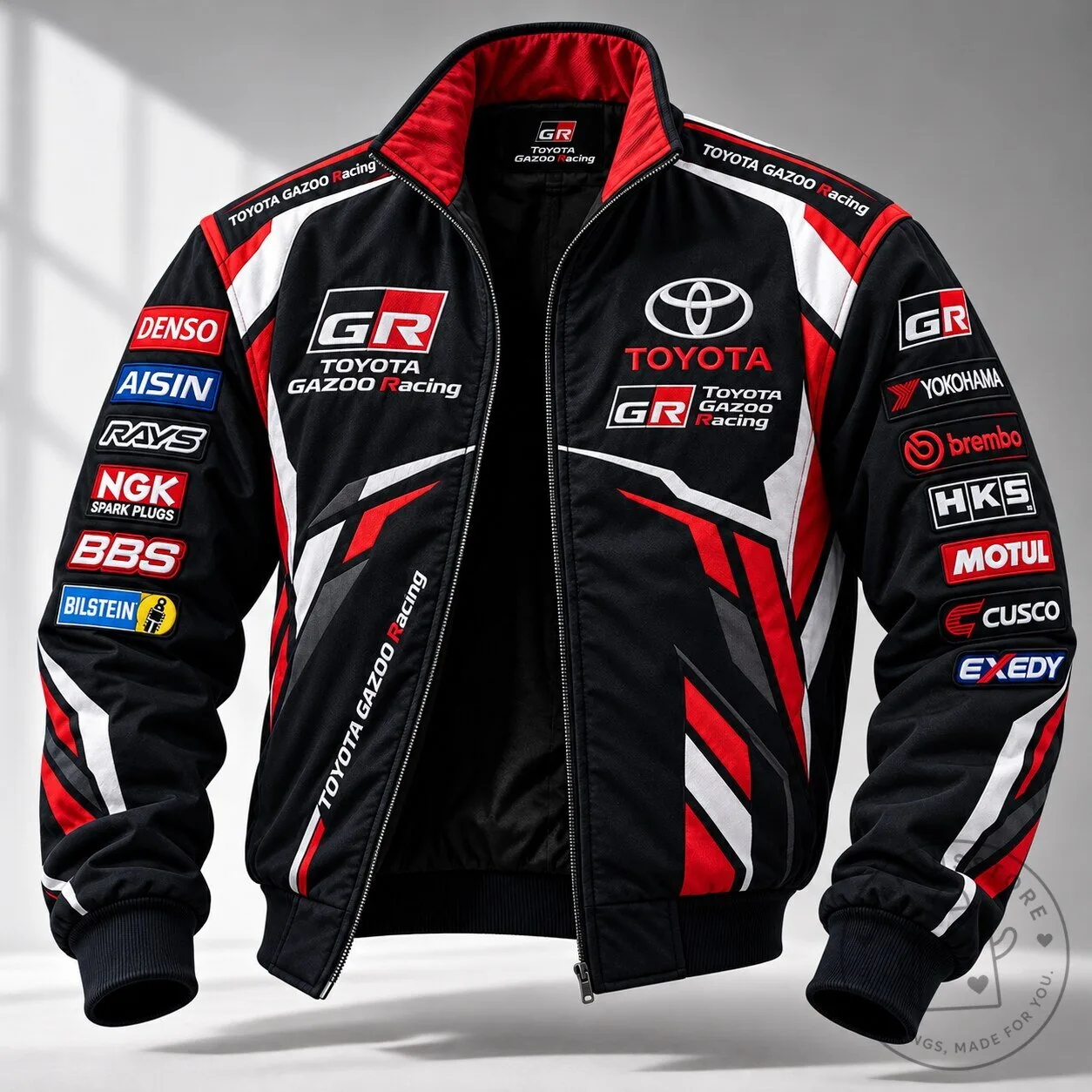 Toyota Gazoo Racing Black and Red Bomber Jacket with Sponsor Logos