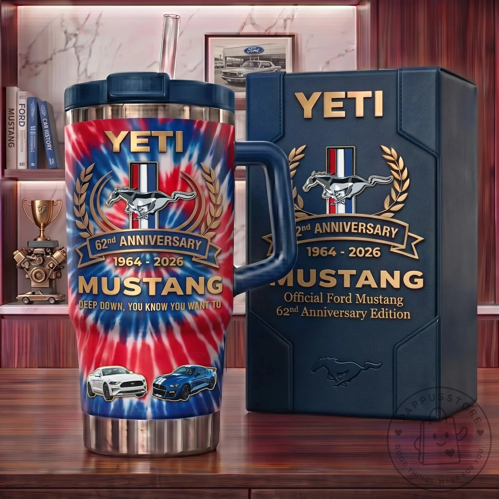 62nd Anniversary Tie-Dye Stainless Steel Tumbler with Handle for Ford Mustang