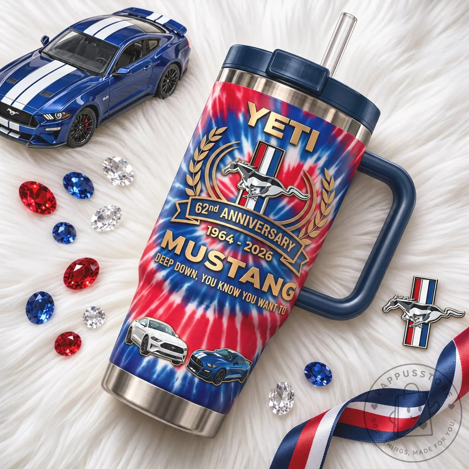 62nd Anniversary Tie-Dye Stainless Steel Tumbler with Handle for Ford Mustang 8 62nd Anniversary Tie-Dye Stainless Steel Tumbler with Handle for Ford Mustang