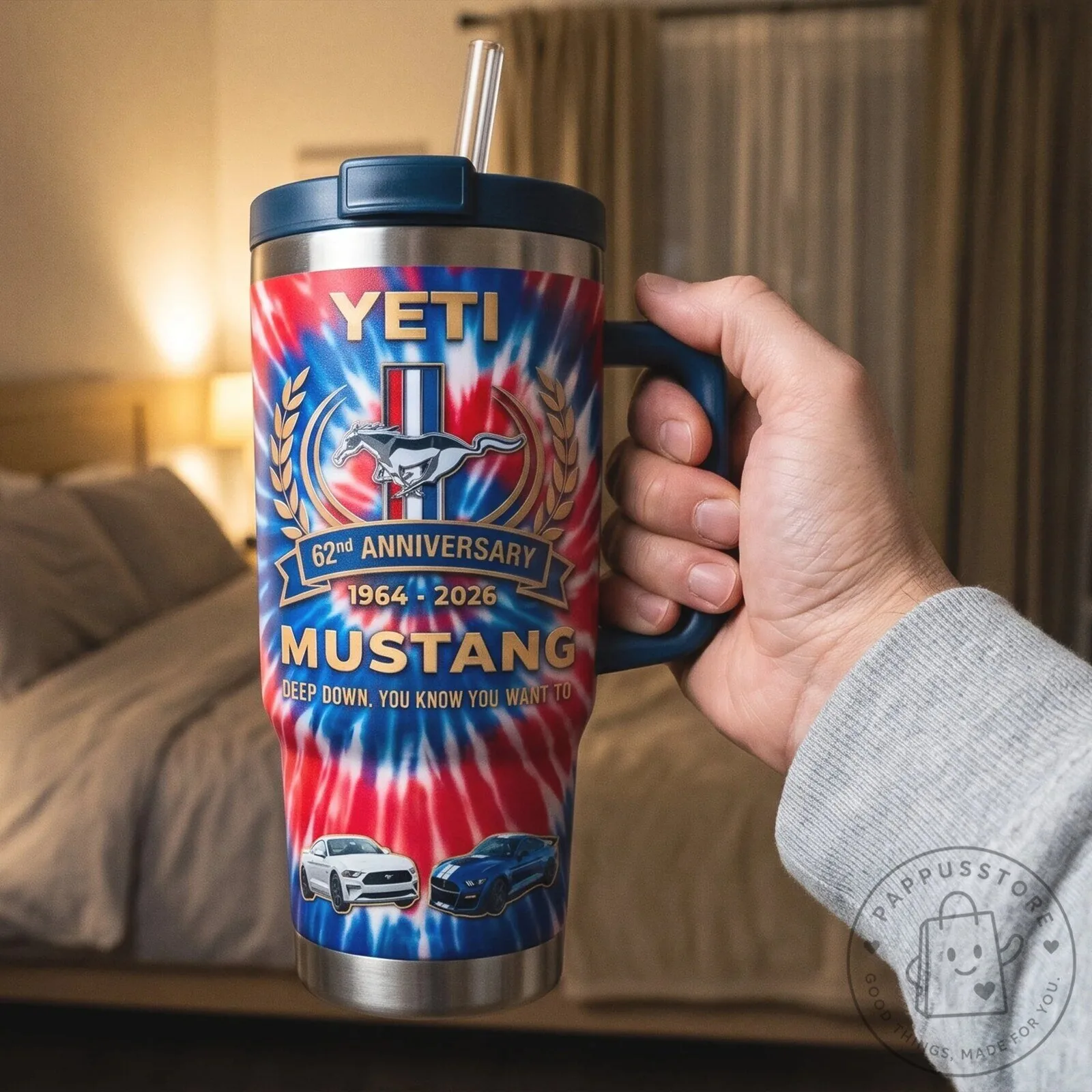 62nd Anniversary Tie-Dye Stainless Steel Tumbler with Handle for Ford Mustang 9 62nd Anniversary Tie-Dye Stainless Steel Tumbler with Handle for Ford Mustang