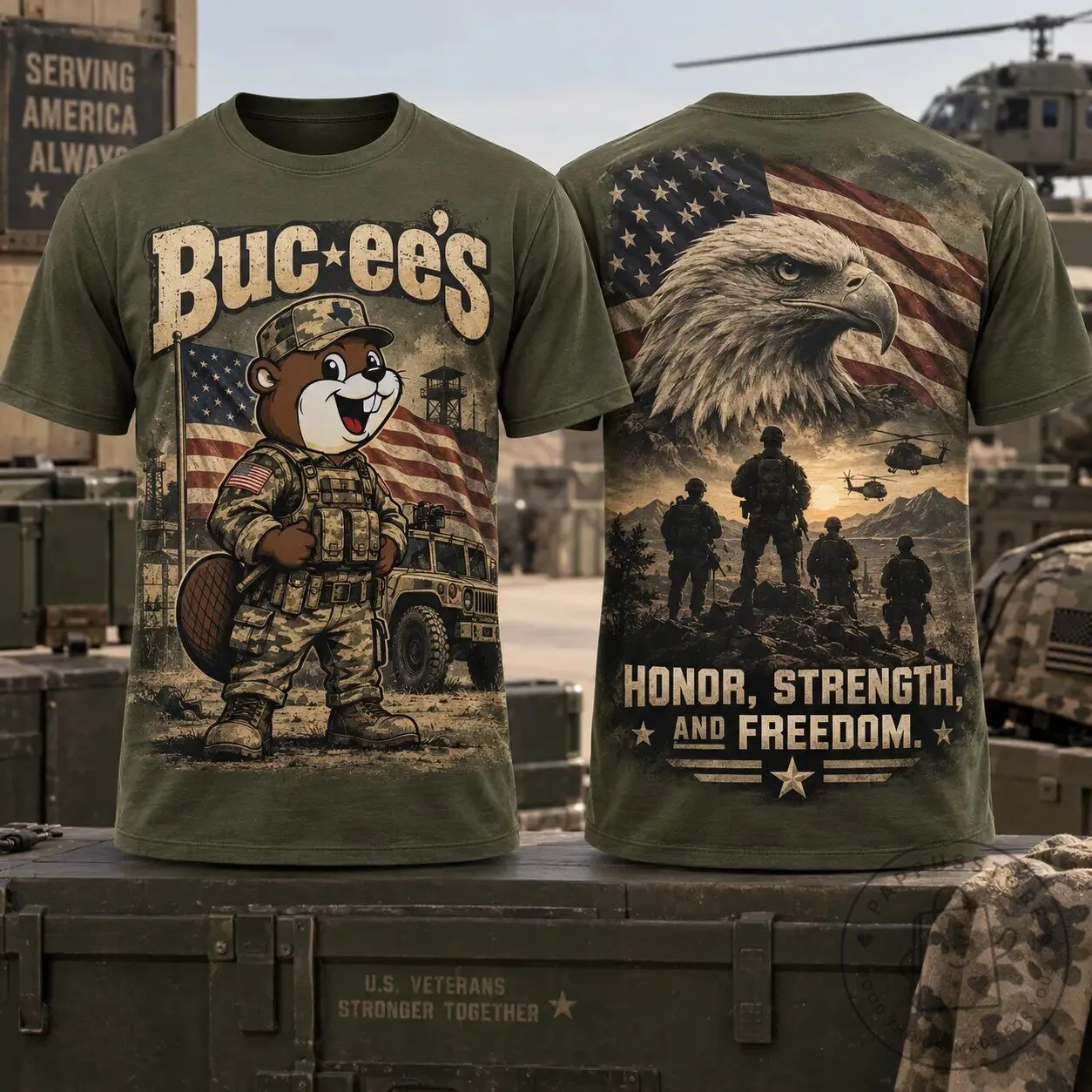 Buc-ee's Military Beaver American Flag Patriotic Olive Green T-Shirt