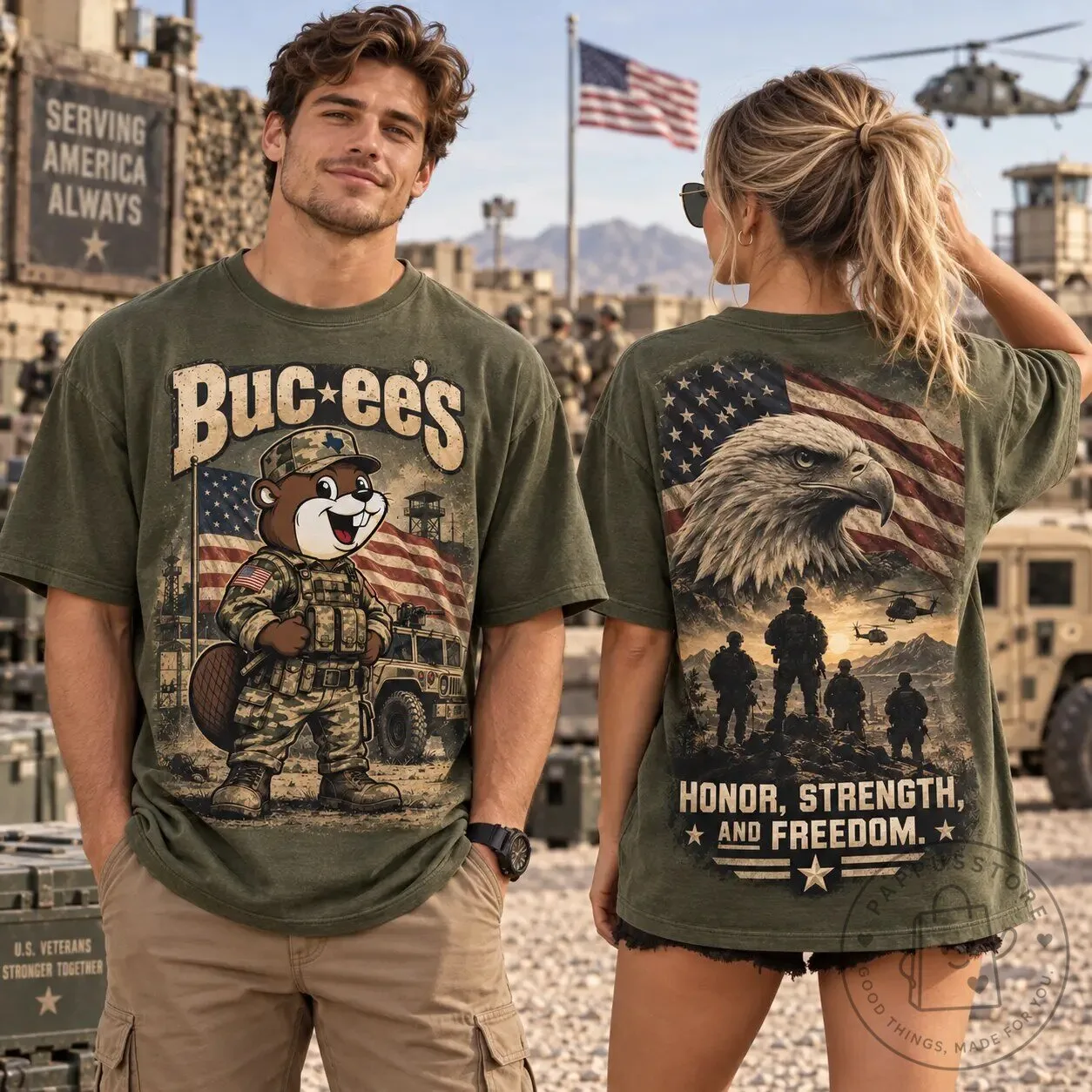 Buc-ee's Military Beaver American Flag Patriotic Olive Green T-Shirt 7 Buc-ee