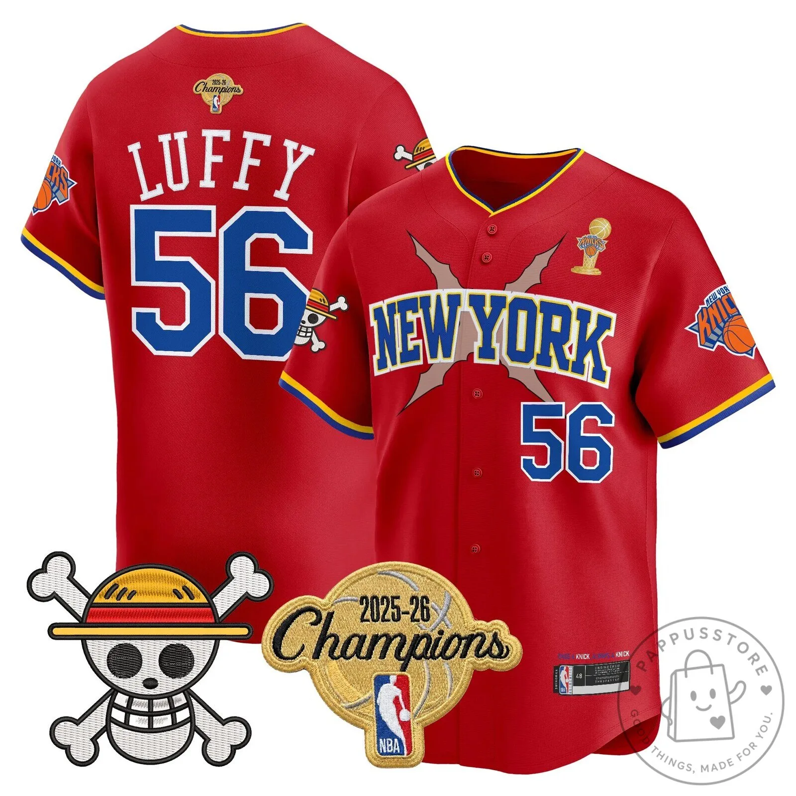 New York Knicks 2026 Champions One Piece Luffy Baseball Jersey 3 New York Knicks 2026 Champions One Piece Luffy Baseball Jersey