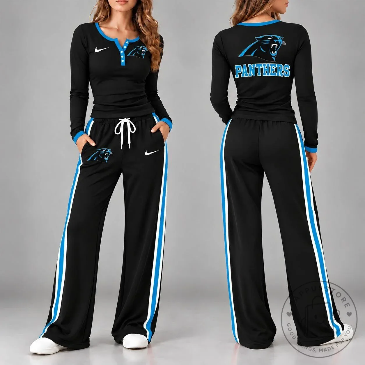 Carolina Panthers Women's Long Sleeve Henley Shirt and Wide Leg Pants Set