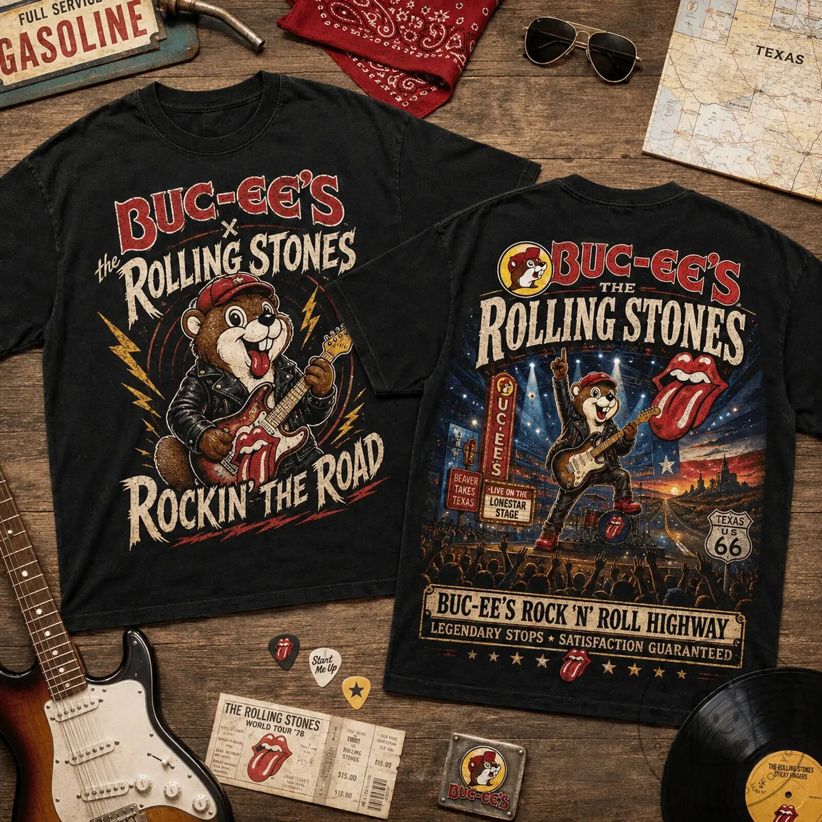 Buc-ee's and The Rolling Stones Rockin' the Road Concert Black T-Shirt