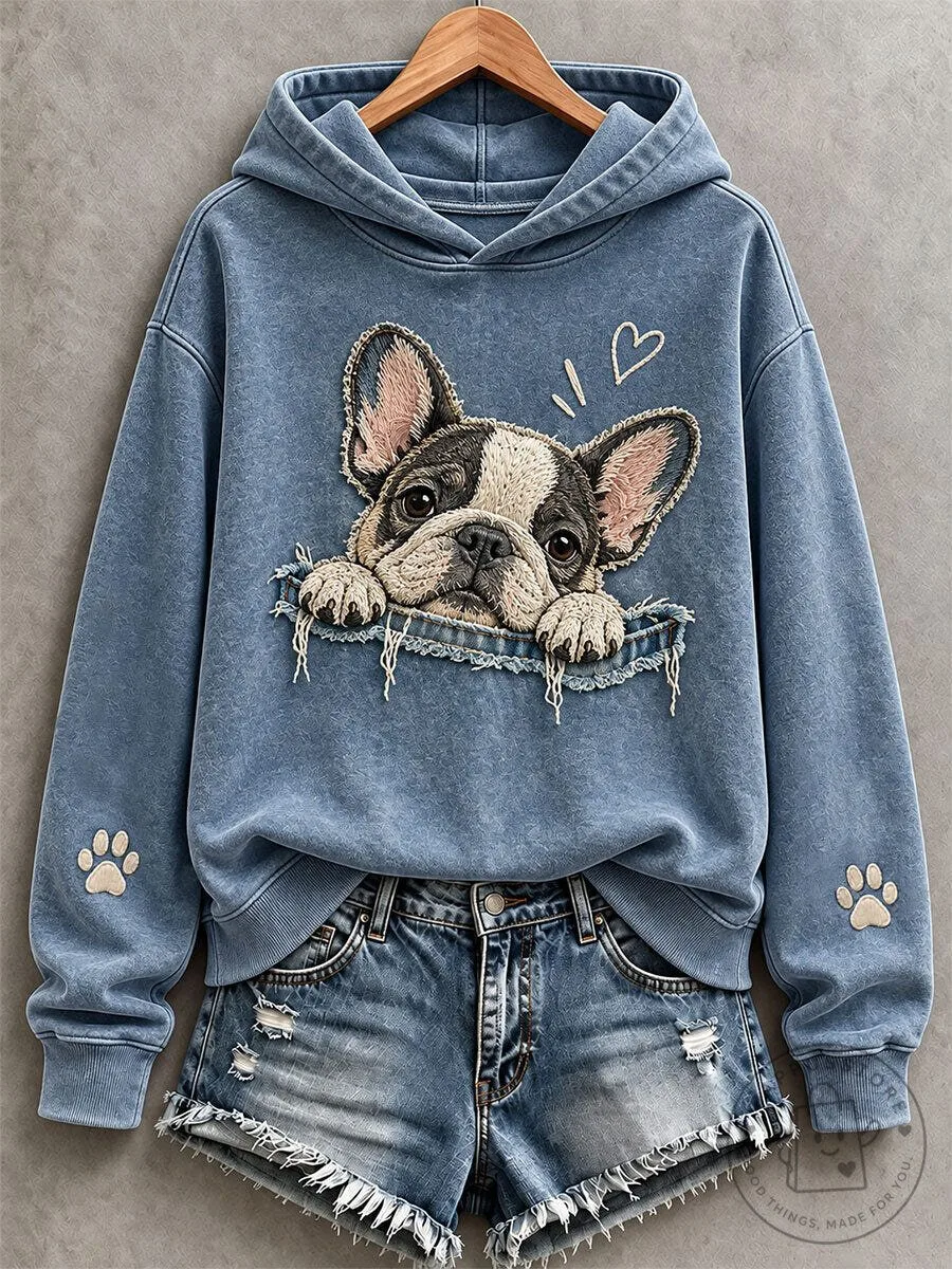 Cute French Bulldog Peeking Pocket Design Women's Blue Hoodie