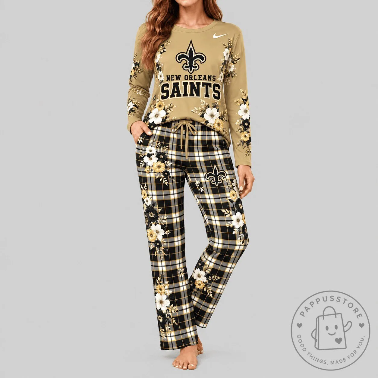 New Orleans Saints Floral Plaid Women's Long Sleeve Pajama Set