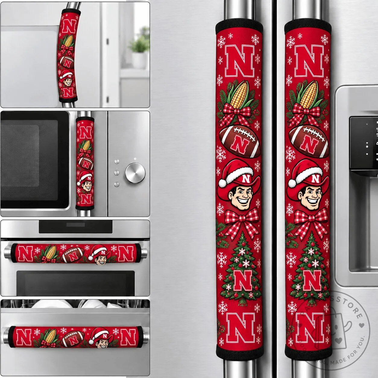 Nebraska Cornhuskers Christmas Football Refrigerator Door Handle Covers 3 Nebraska Cornhuskers Christmas Football Refrigerator Door Handle Covers